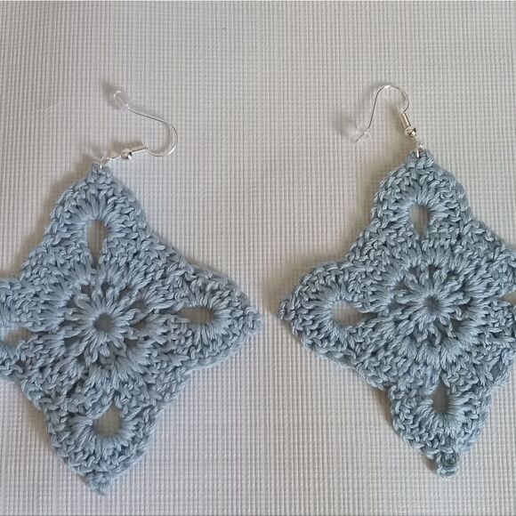 Handmade Light Blue Embroidery Floss Crochet Lightweight Dangle Style Earrings - Picture 8 of 10